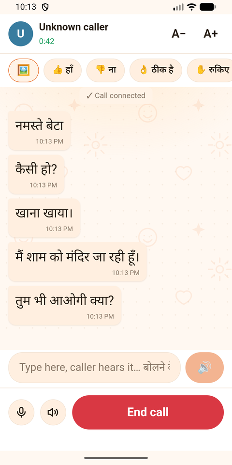 Live captions of the caller's Hindi words as chat bubbles