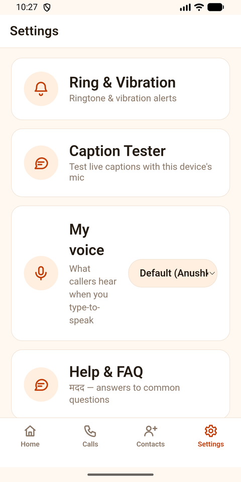 Settings with My voice selection